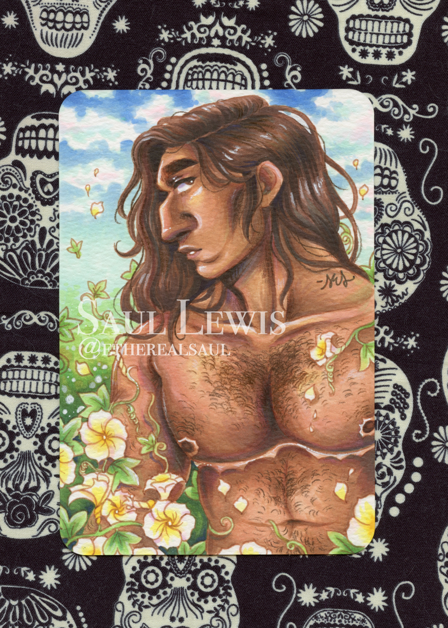 Faulkner with Morning Glories ~ Original Mixed Media Drawing