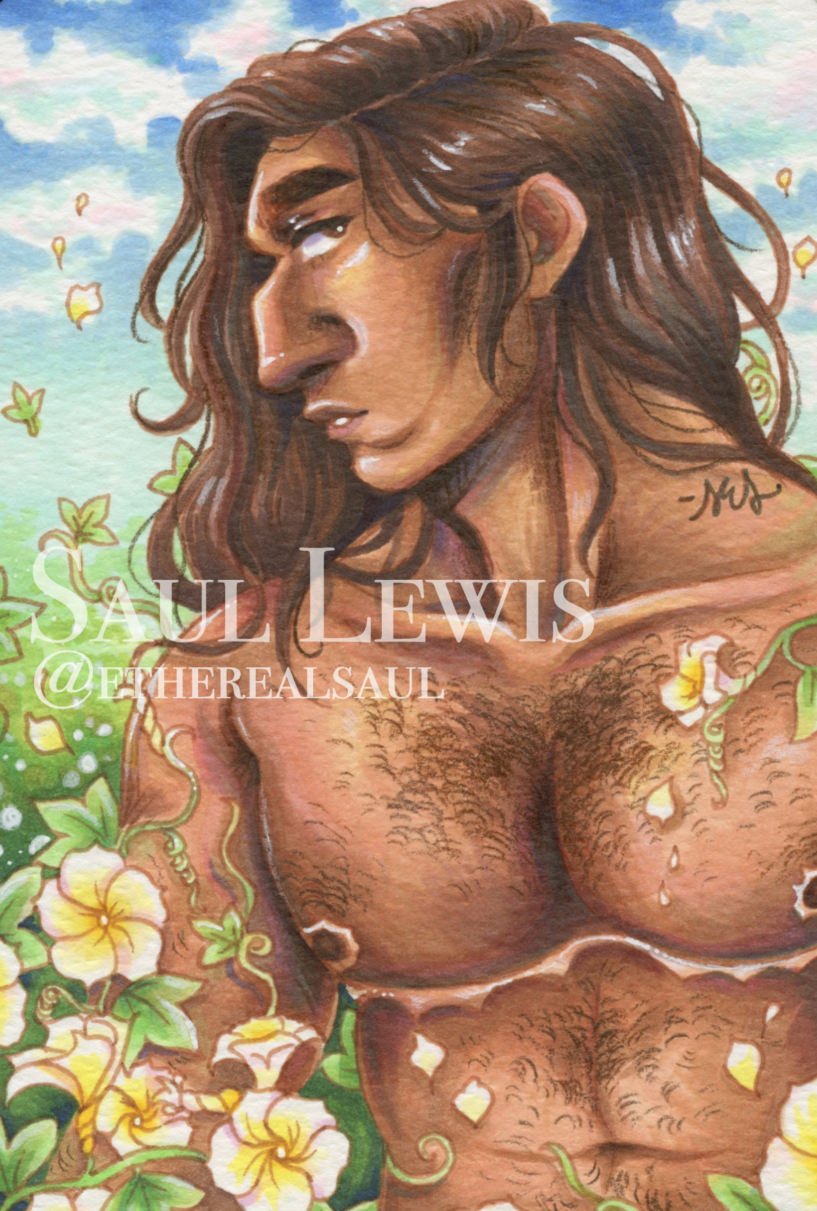 Faulkner with Morning Glories ~ Original Mixed Media Drawing