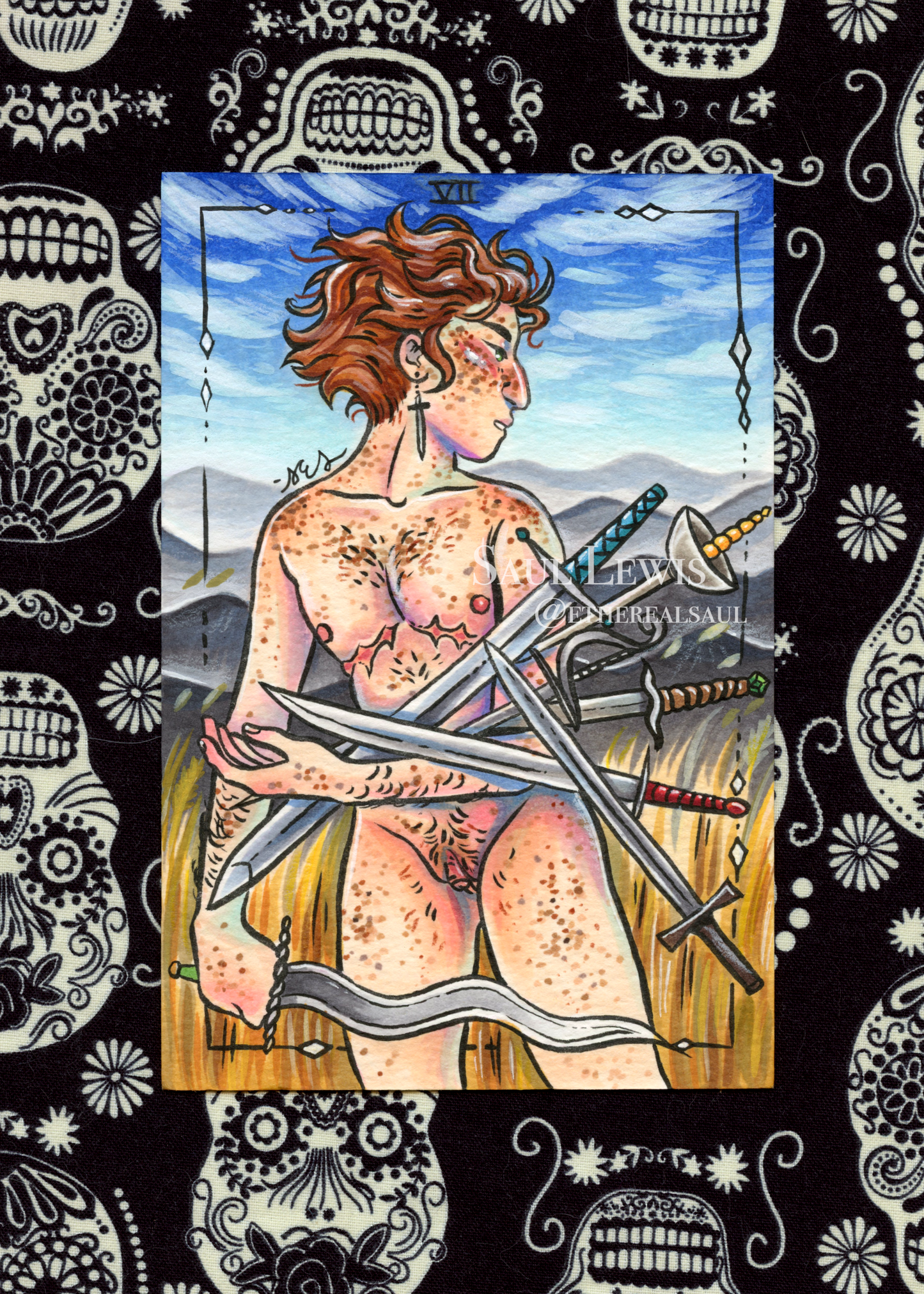 The Seven of Swords ~ Original Mixed Media Drawing