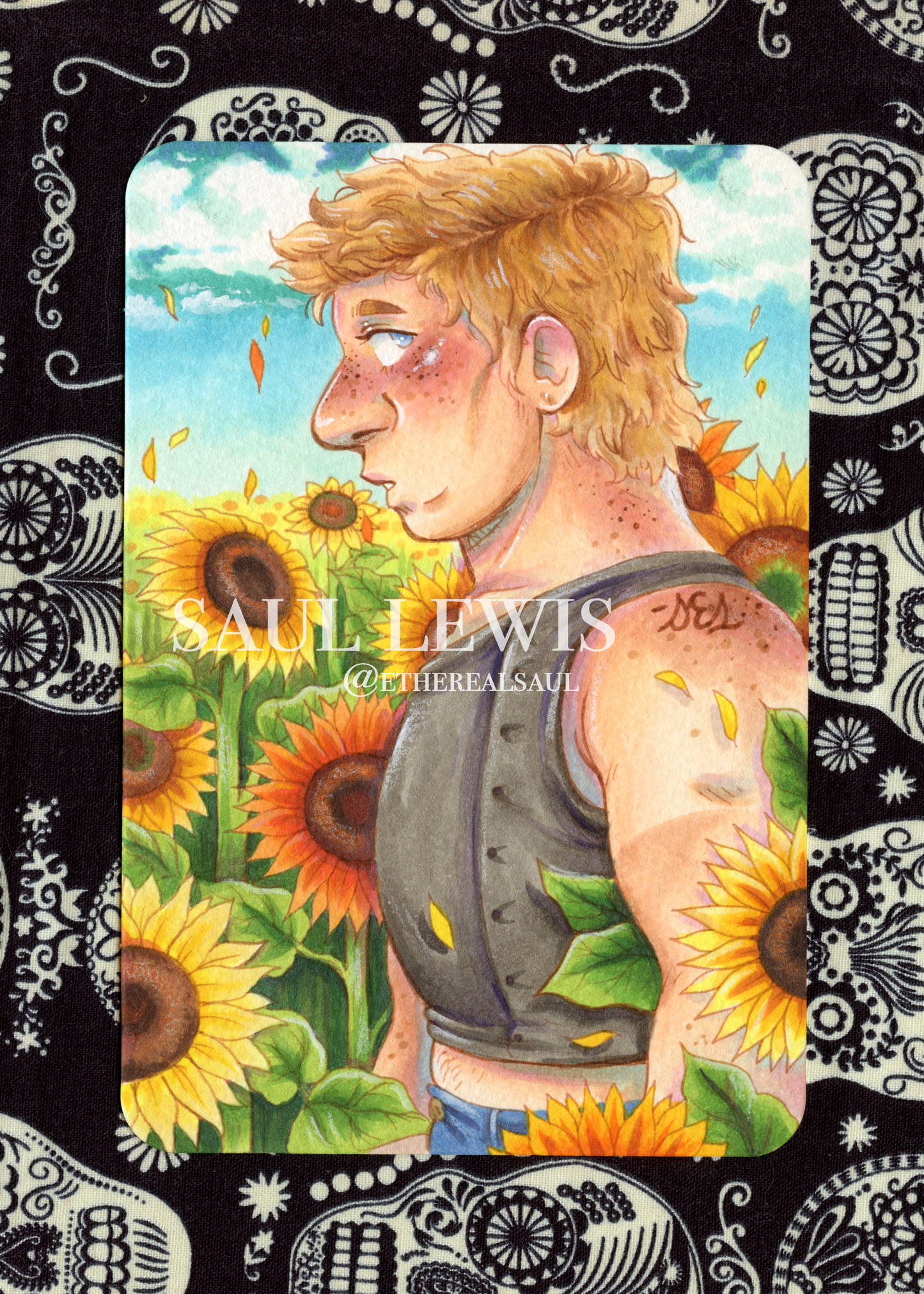 Buck with Sunflowers ~ Original Mixed Media Drawing