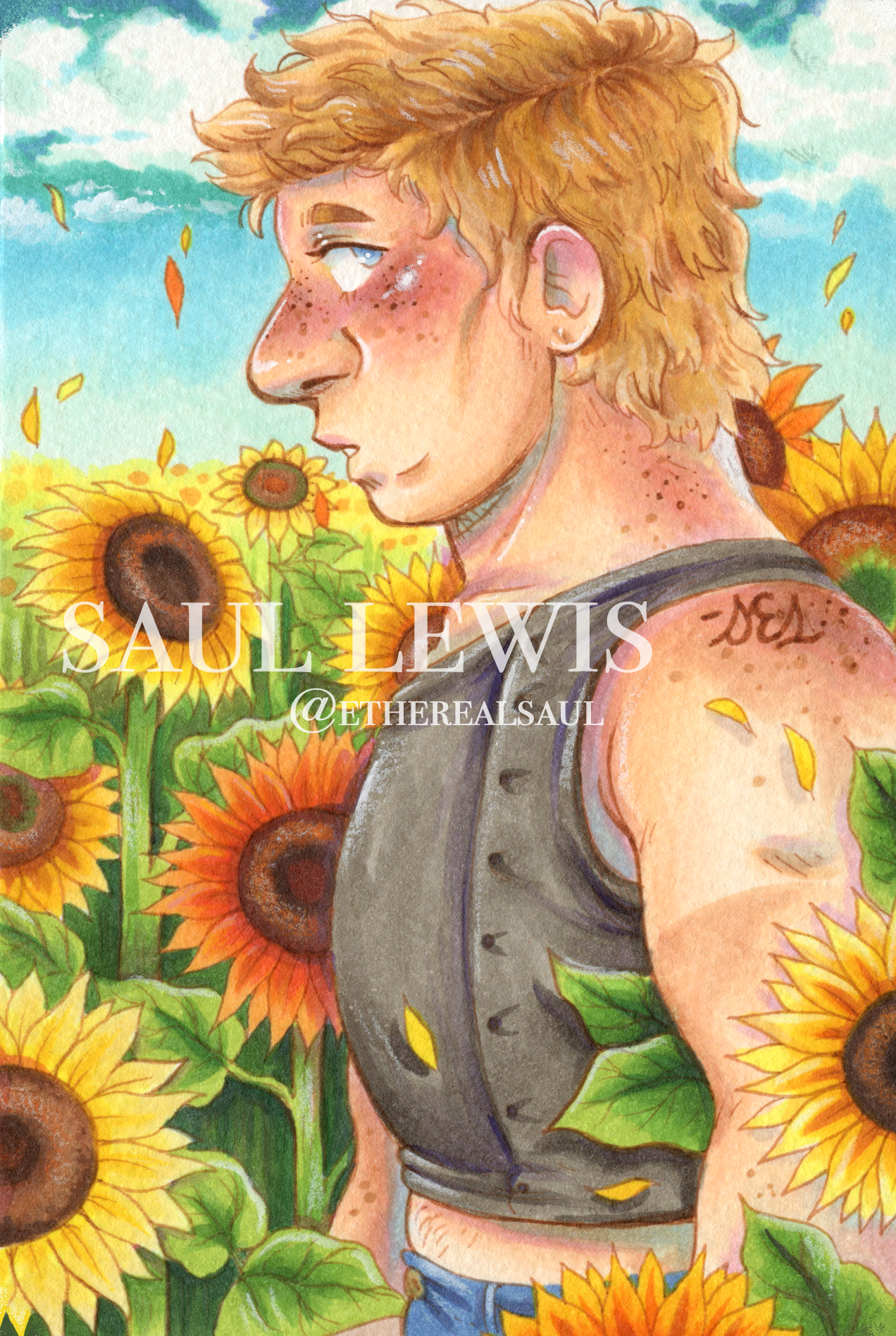 Buck with Sunflowers ~ Original Mixed Media Drawing