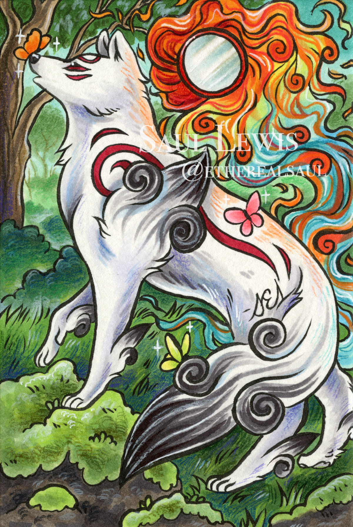 Butterflies~ Original Okami Mixed Media Drawing