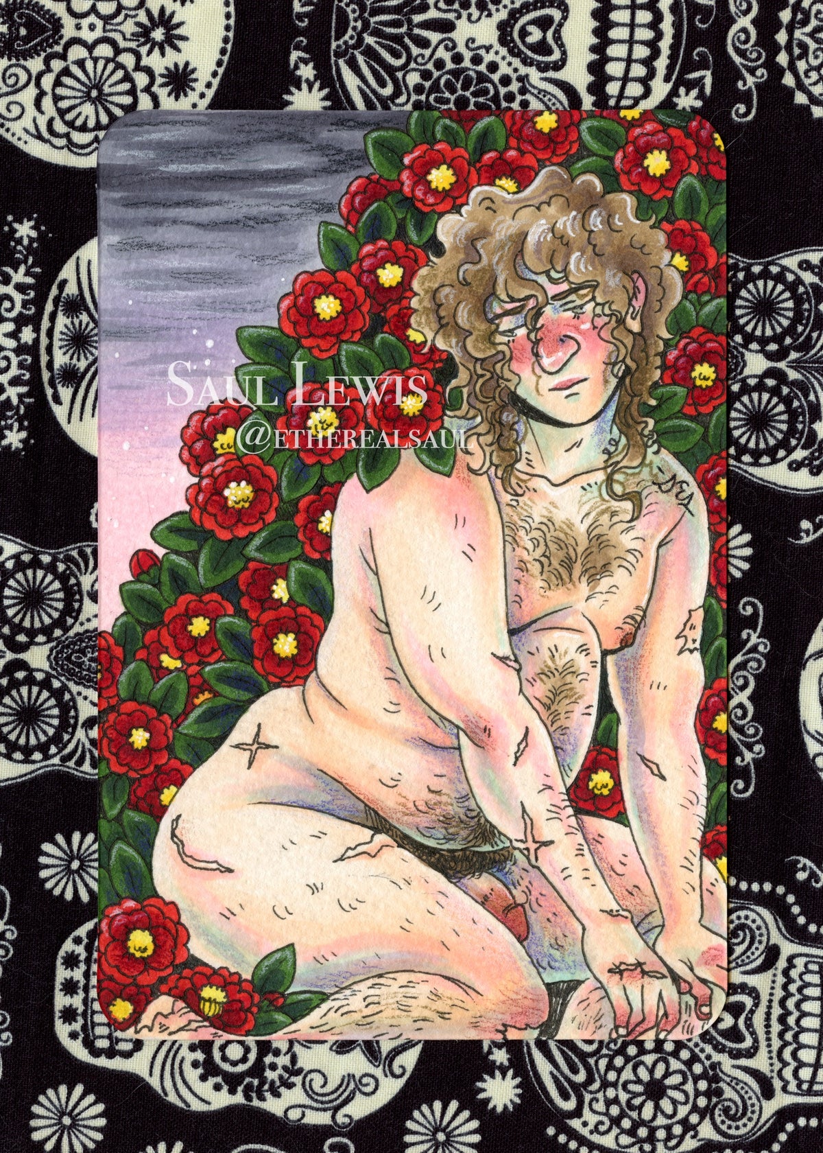 Judah with Camellias ~ Original Mixed Media Drawing