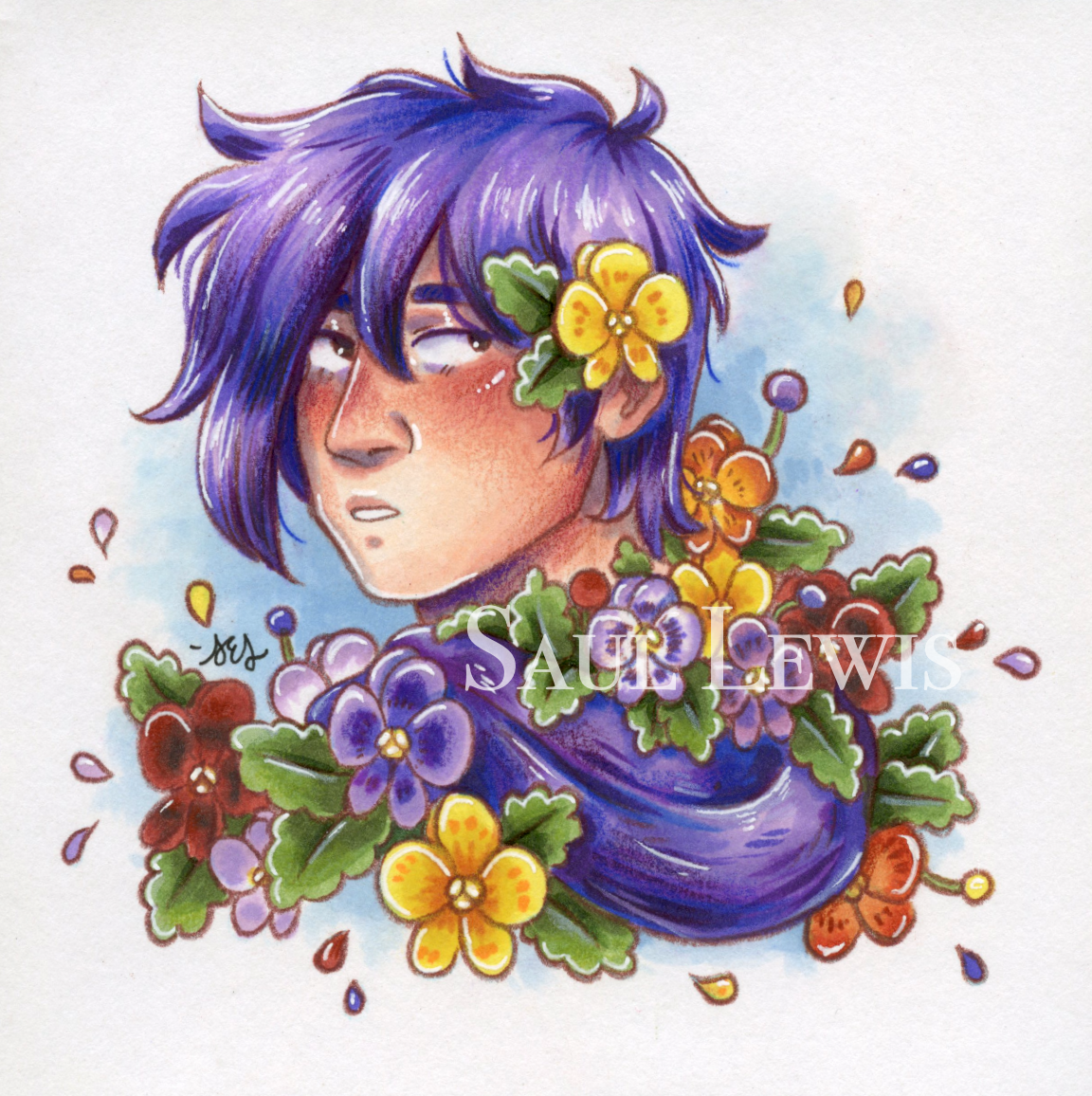 Sebastian with Pansies - Stardew Valley Drawing