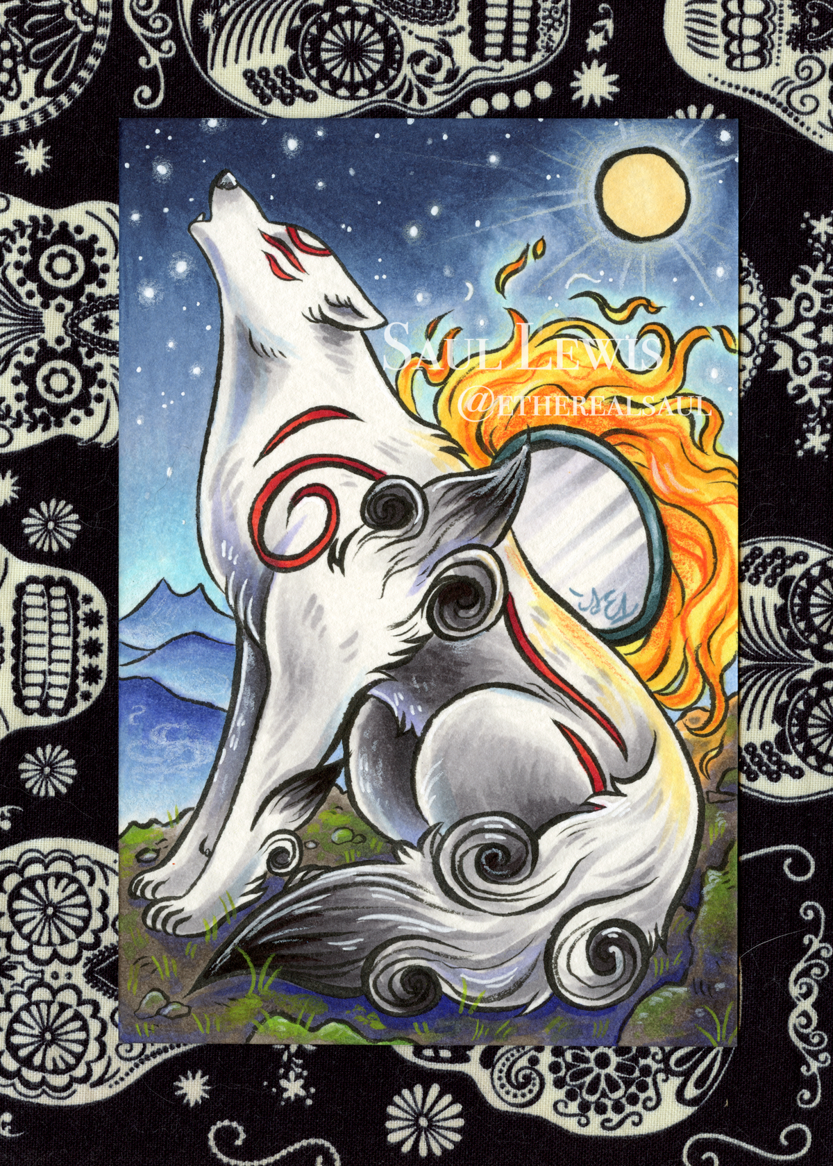 Moonlit Howl~ Original Okami Mixed Media Drawing