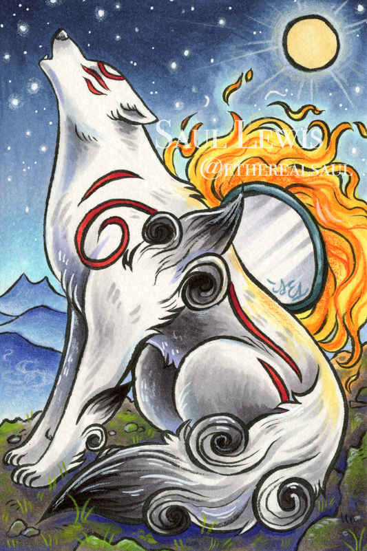 Moonlit Howl~ Original Okami Mixed Media Drawing