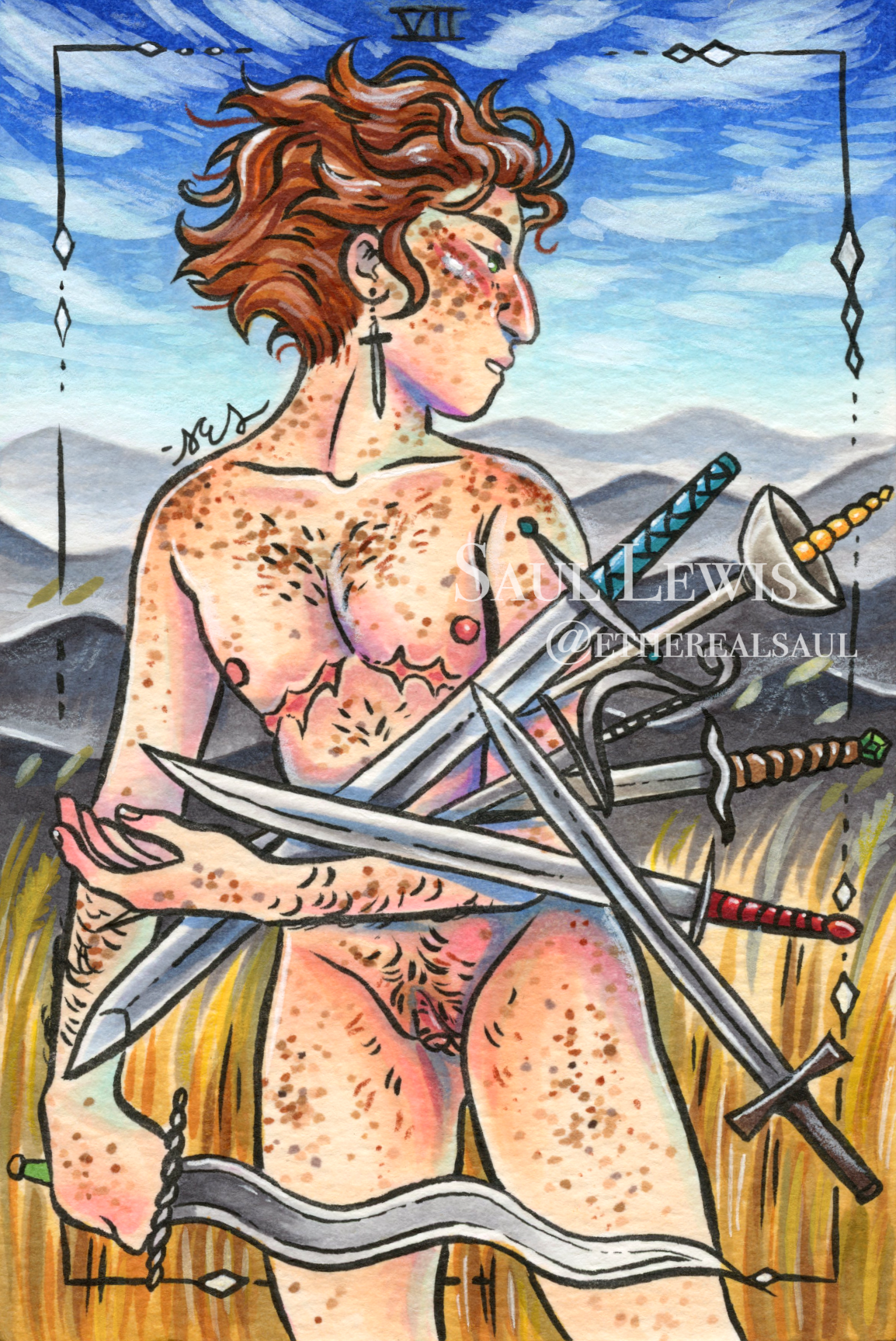 The Seven of Swords ~ Original Mixed Media Drawing